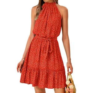 imageBTFBM Women Halter Neck Summer Dresses 2025 Spring Casual Sleeveless Floral Polka Dot Ruffle Mini Boho Beach Sun DressPolka Dot Red