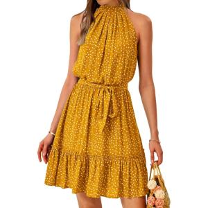 imageBTFBM Women Halter Neck Summer Dresses 2025 Spring Casual Sleeveless Floral Polka Dot Ruffle Mini Boho Beach Sun DressPolka Dot Yellow
