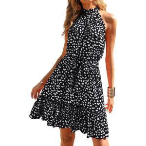imageBTFBM Women Halter Neck Summer Dresses 2025 Spring Casual Sleeveless Floral Polka Dot Ruffle Mini Boho Beach Sun DressWhite Dot Black