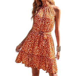 imageBTFBM Women Halter Neck Summer Dresses 2025 Spring Casual Sleeveless Floral Polka Dot Ruffle Mini Boho Beach Sun DressWhite Dot Red