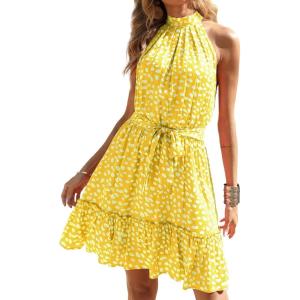 imageBTFBM Women Halter Neck Summer Dresses 2025 Spring Casual Sleeveless Floral Polka Dot Ruffle Mini Boho Beach Sun DressWhite Dot Yellow