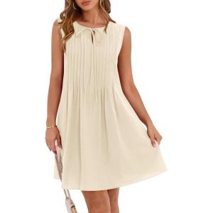 imageBTFBM Womens Summer Mini Dress 2025 Sleeveless Crew Neck Cute Bow Tie Front Loose Pleated Casual Short Dresses PocketsBeige