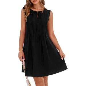 imageBTFBM Womens Summer Mini Dress 2025 Sleeveless Crew Neck Cute Bow Tie Front Loose Pleated Casual Short Dresses PocketsBlack