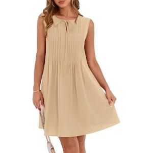 imageBTFBM Womens Summer Mini Dress 2025 Sleeveless Crew Neck Cute Bow Tie Front Loose Pleated Casual Short Dresses PocketsKhaki