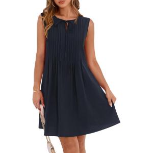 imageBTFBM Womens Summer Mini Dress 2025 Sleeveless Crew Neck Cute Bow Tie Front Loose Pleated Casual Short Dresses PocketsNavy