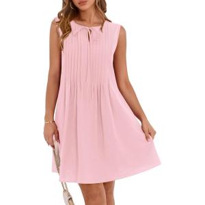 imageBTFBM Womens Summer Mini Dress 2025 Sleeveless Crew Neck Cute Bow Tie Front Loose Pleated Casual Short Dresses PocketsPink
