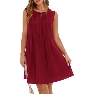 imageBTFBM Womens Summer Mini Dress 2025 Sleeveless Crew Neck Cute Bow Tie Front Loose Pleated Casual Short Dresses PocketsRed
