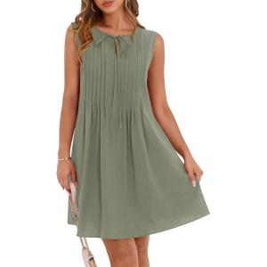 imageBTFBM Womens Summer Mini Dress 2025 Sleeveless Crew Neck Cute Bow Tie Front Loose Pleated Casual Short Dresses PocketsSage Green