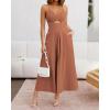 imageBTFBM Women 2025 Summer Spaghetti Strap Midi Dress Sleeveless V Neck Cutout Slit Casual Beach Party Maxi Dresses PocketsSolid Light Brown