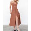 imageBTFBM Women 2025 Summer Spaghetti Strap Midi Dress Sleeveless V Neck Cutout Slit Casual Beach Party Maxi Dresses PocketsSolid Light Brown