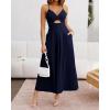 imageBTFBM Women 2025 Summer Spaghetti Strap Midi Dress Sleeveless V Neck Cutout Slit Casual Beach Party Maxi Dresses PocketsSolid Navy