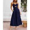 imageBTFBM Women 2025 Summer Spaghetti Strap Midi Dress Sleeveless V Neck Cutout Slit Casual Beach Party Maxi Dresses PocketsSolid Navy