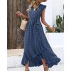 imageBTFBM Women V Neck Summer Dress 2025 Cap Sleeve Swiss Dot Boho Flowy Ruffle Slit Beach Party Long Maxi Cocktail DressesSwiss Dot Blue