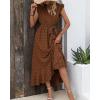 imageBTFBM Women V Neck Summer Dress 2025 Cap Sleeve Swiss Dot Boho Flowy Ruffle Slit Beach Party Long Maxi Cocktail DressesSwiss Dot Brown