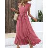 imageBTFBM Women V Neck Summer Dress 2025 Cap Sleeve Swiss Dot Boho Flowy Ruffle Slit Beach Party Long Maxi Cocktail DressesSwiss Dot Pink