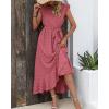 imageBTFBM Women V Neck Summer Dress 2025 Cap Sleeve Swiss Dot Boho Flowy Ruffle Slit Beach Party Long Maxi Cocktail DressesSwiss Dot Pink