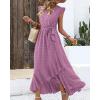 imageBTFBM Women V Neck Summer Dress 2025 Cap Sleeve Swiss Dot Boho Flowy Ruffle Slit Beach Party Long Maxi Cocktail DressesSwiss Dot Purple