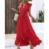 imageBTFBM Women V Neck Summer Dress 2025 Cap Sleeve Swiss Dot Boho Flowy Ruffle Slit Beach Party Long Maxi Cocktail DressesSwiss Dot Red