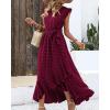 imageBTFBM Women V Neck Summer Dress 2025 Cap Sleeve Swiss Dot Boho Flowy Ruffle Slit Beach Party Long Maxi Cocktail DressesSwiss Dot Wine Red