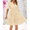 imageBTFBM Womens Boho Summer Dresses 2025 Resort V Neck Short Sleeve Hollow Out Lace Ruffle Casual Beach Mini Vacation DressBeige