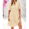 imageBTFBM Womens Boho Summer Dresses 2025 Resort V Neck Short Sleeve Hollow Out Lace Ruffle Casual Beach Mini Vacation DressBeige