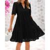 imageBTFBM Womens Boho Summer Dresses 2025 Resort V Neck Short Sleeve Hollow Out Lace Ruffle Casual Beach Mini Vacation DressBlack