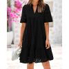 imageBTFBM Womens Boho Summer Dresses 2025 Resort V Neck Short Sleeve Hollow Out Lace Ruffle Casual Beach Mini Vacation DressBlack
