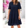 imageBTFBM Womens Boho Summer Dresses 2025 Resort V Neck Short Sleeve Hollow Out Lace Ruffle Casual Beach Mini Vacation DressNavy