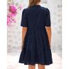 imageBTFBM Womens Boho Summer Dresses 2025 Resort V Neck Short Sleeve Hollow Out Lace Ruffle Casual Beach Mini Vacation DressNavy