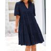 imageBTFBM Womens Boho Summer Dresses 2025 Resort V Neck Short Sleeve Hollow Out Lace Ruffle Casual Beach Mini Vacation DressNavy