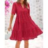 imageBTFBM Womens Boho Summer Dresses 2025 Resort V Neck Short Sleeve Hollow Out Lace Ruffle Casual Beach Mini Vacation DressRed
