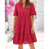 imageBTFBM Womens Boho Summer Dresses 2025 Resort V Neck Short Sleeve Hollow Out Lace Ruffle Casual Beach Mini Vacation DressRed