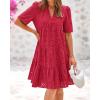 imageBTFBM Womens Boho Summer Dresses 2025 Resort V Neck Short Sleeve Hollow Out Lace Ruffle Casual Beach Mini Vacation DressRed