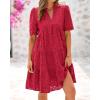 imageBTFBM Womens Boho Summer Dresses 2025 Resort V Neck Short Sleeve Hollow Out Lace Ruffle Casual Beach Mini Vacation DressRed