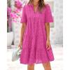 imageBTFBM Womens Boho Summer Dresses 2025 Resort V Neck Short Sleeve Hollow Out Lace Ruffle Casual Beach Mini Vacation DressRose Red