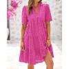 imageBTFBM Womens Boho Summer Dresses 2025 Resort V Neck Short Sleeve Hollow Out Lace Ruffle Casual Beach Mini Vacation DressRose Red