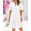 imageBTFBM Womens Boho Summer Dresses 2025 Resort V Neck Short Sleeve Hollow Out Lace Ruffle Casual Beach Mini Vacation DressWhite