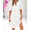 imageBTFBM Womens Boho Summer Dresses 2025 Resort V Neck Short Sleeve Hollow Out Lace Ruffle Casual Beach Mini Vacation DressWhite
