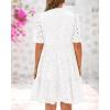 imageBTFBM Womens Boho Summer Dresses 2025 Resort V Neck Short Sleeve Hollow Out Lace Ruffle Casual Beach Mini Vacation DressWhite