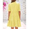 imageBTFBM Womens Boho Summer Dresses 2025 Resort V Neck Short Sleeve Hollow Out Lace Ruffle Casual Beach Mini Vacation DressYellow