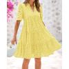 imageBTFBM Womens Boho Summer Dresses 2025 Resort V Neck Short Sleeve Hollow Out Lace Ruffle Casual Beach Mini Vacation DressYellow