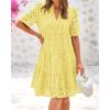 imageBTFBM Womens Boho Summer Dresses 2025 Resort V Neck Short Sleeve Hollow Out Lace Ruffle Casual Beach Mini Vacation DressYellow
