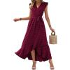 imageBTFBM Women V Neck Summer Dress 2025 Cap Sleeve Swiss Dot Boho Flowy Ruffle Slit Beach Party Long Maxi Cocktail DressesSwiss Dot Wine Red