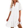 imageBTFBM Womens Boho Summer Dresses 2025 Resort V Neck Short Sleeve Hollow Out Lace Ruffle Casual Beach Mini Vacation DressWhite