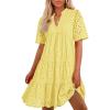imageBTFBM Womens Boho Summer Dresses 2025 Resort V Neck Short Sleeve Hollow Out Lace Ruffle Casual Beach Mini Vacation DressYellow