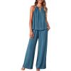 imageBTFBM Womens Casual Summer Two Piece Outfits Cotton Linen Sets Cutout Halter Sleeveless Top Wide Leg Pants Matching SetGrey Blue