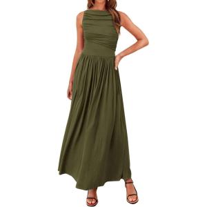 imageBTFBM Women 2025 Summer Sleeveless Ruched Maxi Dresses Boat Neck High Waist Wedding Guest Cocktail Tank Dress PocketsArmy Green