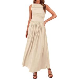 imageBTFBM Women 2025 Summer Sleeveless Ruched Maxi Dresses Boat Neck High Waist Wedding Guest Cocktail Tank Dress PocketsBeige