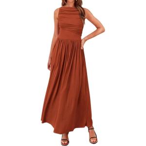 imageBTFBM Women 2025 Summer Sleeveless Ruched Maxi Dresses Boat Neck High Waist Wedding Guest Cocktail Tank Dress PocketsBrick Red