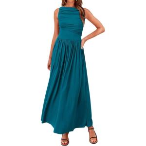 imageBTFBM Women 2025 Summer Sleeveless Ruched Maxi Dresses Boat Neck High Waist Wedding Guest Cocktail Tank Dress PocketsPeacock Blue